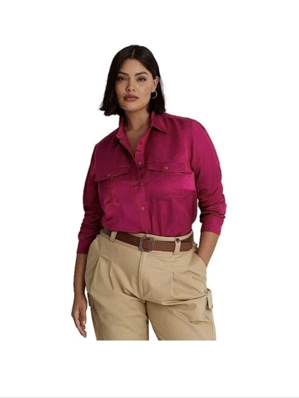 Lauren Ralph Lauren Linen Blend Button Front Blouse Top Fuschia Pink Size XL